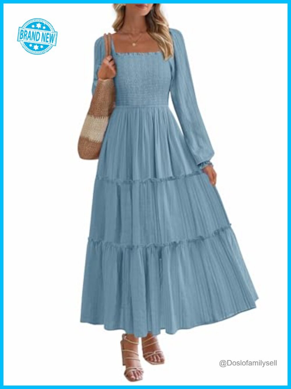 Women's Long Sleeve Ruffle Flowy Maxi Dress Square Neck Smocked